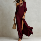 Women's One Shoulder Wedding Guest Dress – Flowy Side Slit Formal Dress