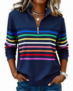 Women's Striped Quarter-Zip Sweater – High Neck Long Sleeve Pullover