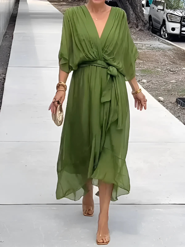 Women's Wrap Midi Dress – Tie Waist Dress – Autumn