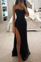 Women's High Slit Sparkle Maxi Gown – Sweetheart Neck Evening Dress