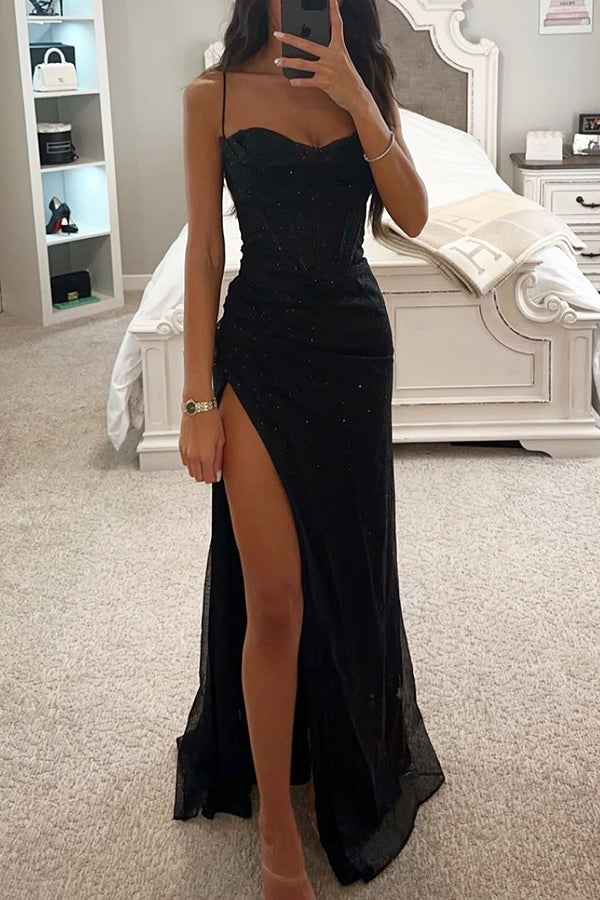 Women's High Slit Sparkle Maxi Gown – Sweetheart Neck Evening Dress