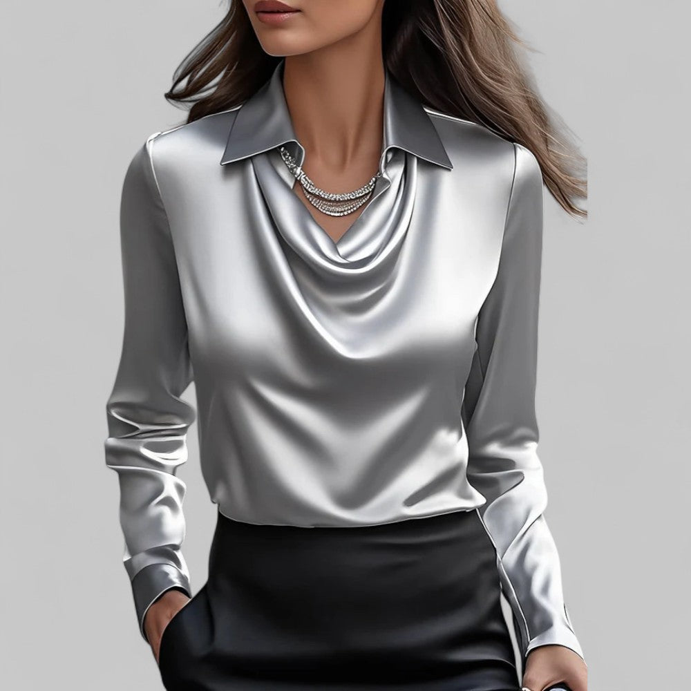Women's Waterfall Neck Blouse with Draped Fit and Long Sleeves
