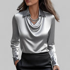 Women's Waterfall Neck Blouse with Draped Fit and Long Sleeves