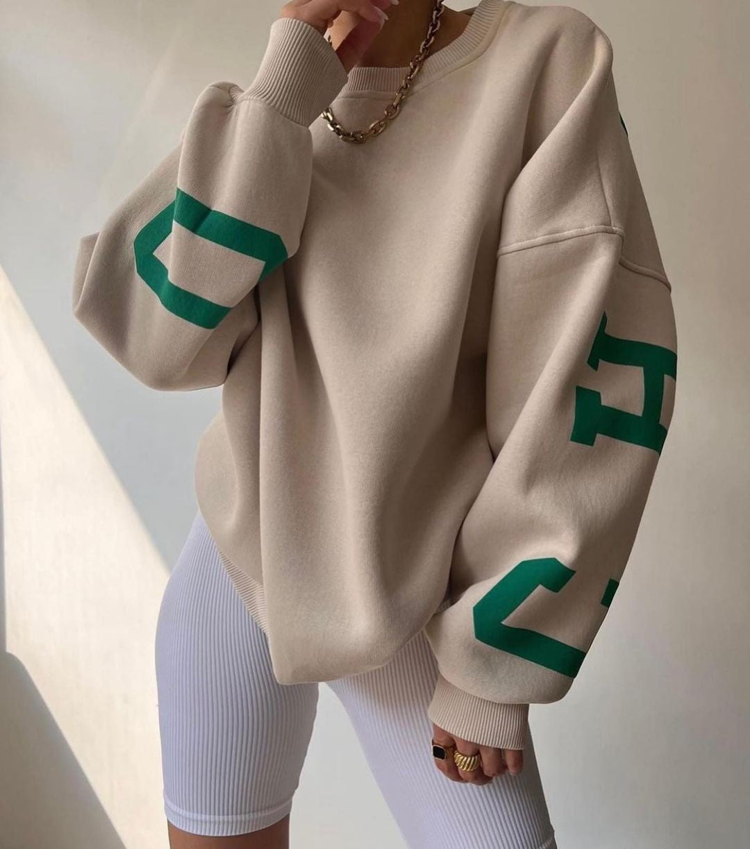 Women's Crew Neck Graphic Sweater – Printed Sleeve Relaxed Fit Pullover