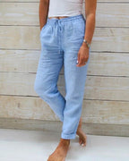 Women's Drawstring Straight Leg Pants – Elastic Waist Pocket Trousers