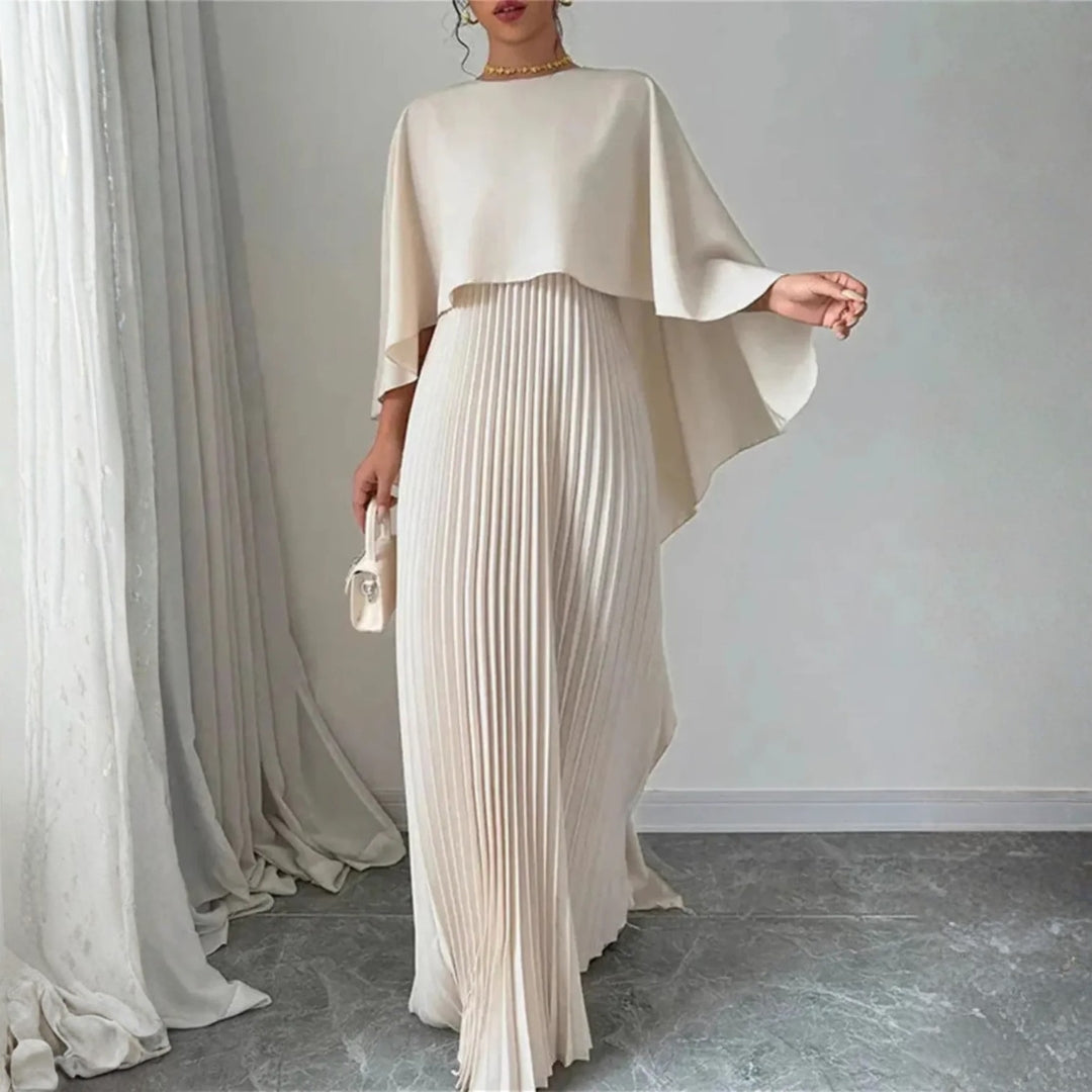 Women's Pleated Cape Wedding Guest Maxi Dress – Draped Formal Evening Dress