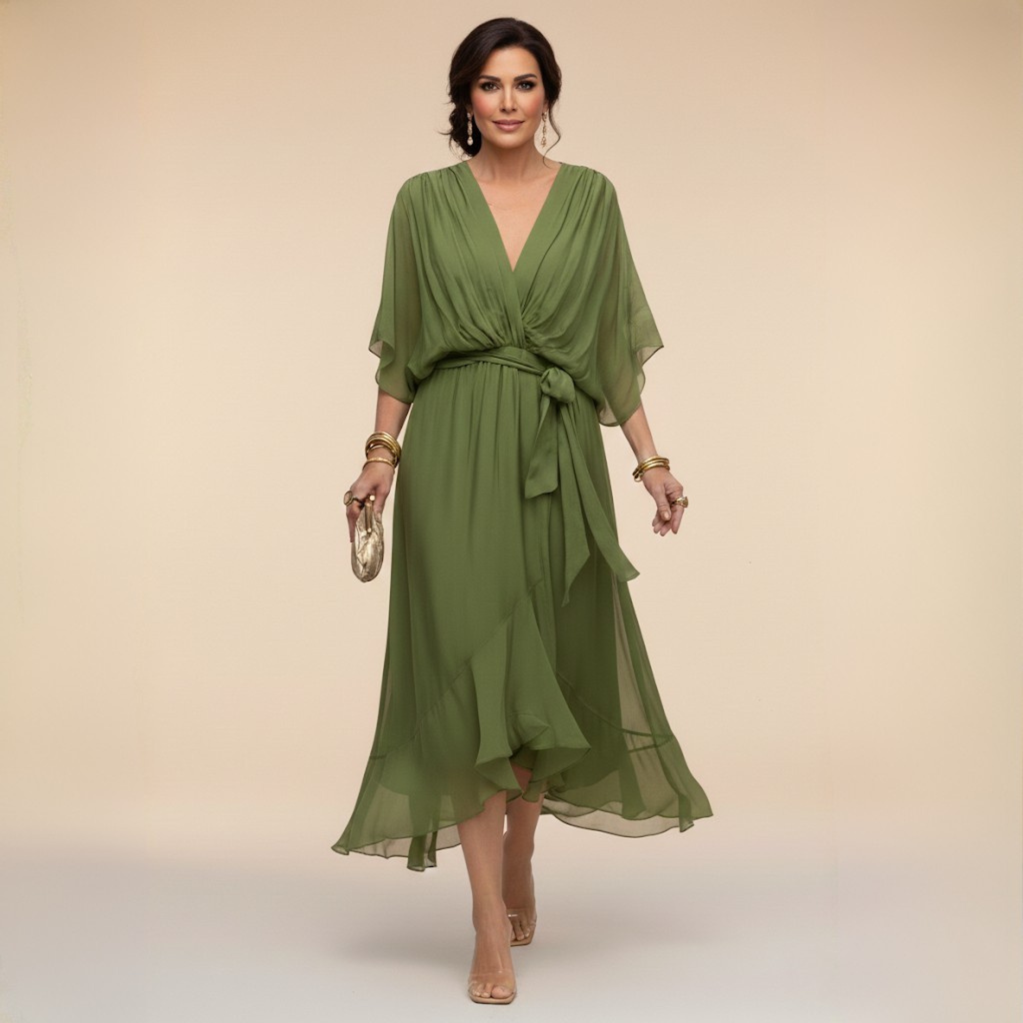 Women's V-Neck Long Sleeve Dress – Flowy Formal Occasion Dress