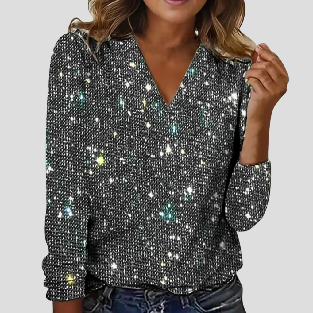 Women's Sparkle V-Neck Blouse – Sequin Long Sleeve Evening Blouse