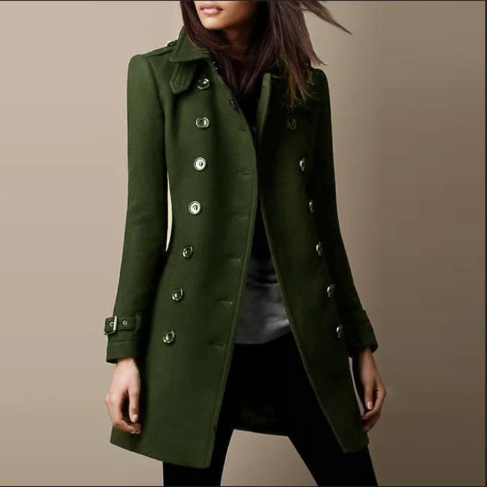 Women's Tailored Mid-Length Coat – Double-Breasted Button Overcoat