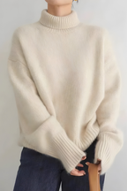 Women's High Neck Roll Sweater – Long Sleeve Relaxed Knit Pullover
