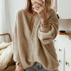 Women's Statement Sleeve Cardigan – Oversized Ribbed Neck Cardigan