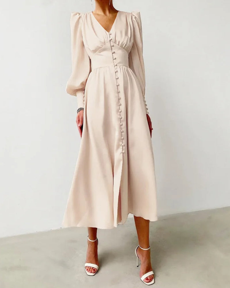 Women's V-Neck Wedding Guest Maxi Dress – Lantern Sleeve Flowy Formal Dress
