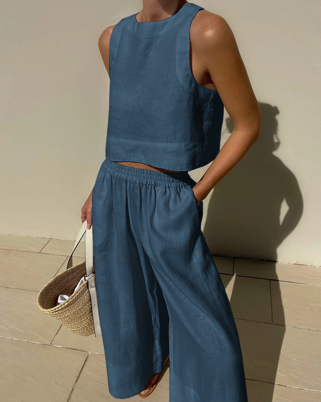 Women's Summer Crop Top Set – High Waist Wide Leg Pants Set