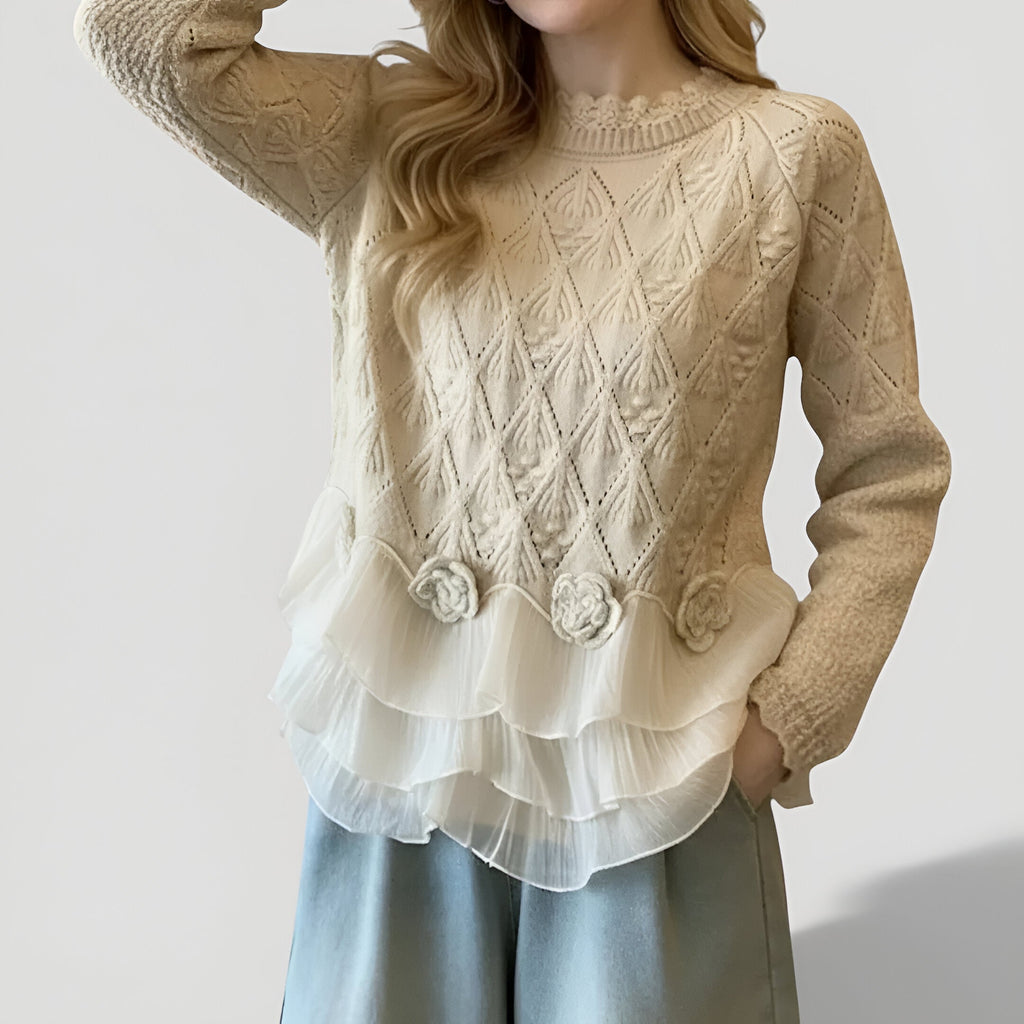 Women's Ruffle Detail Sweater – Textured Long Sleeve Knit Pullover