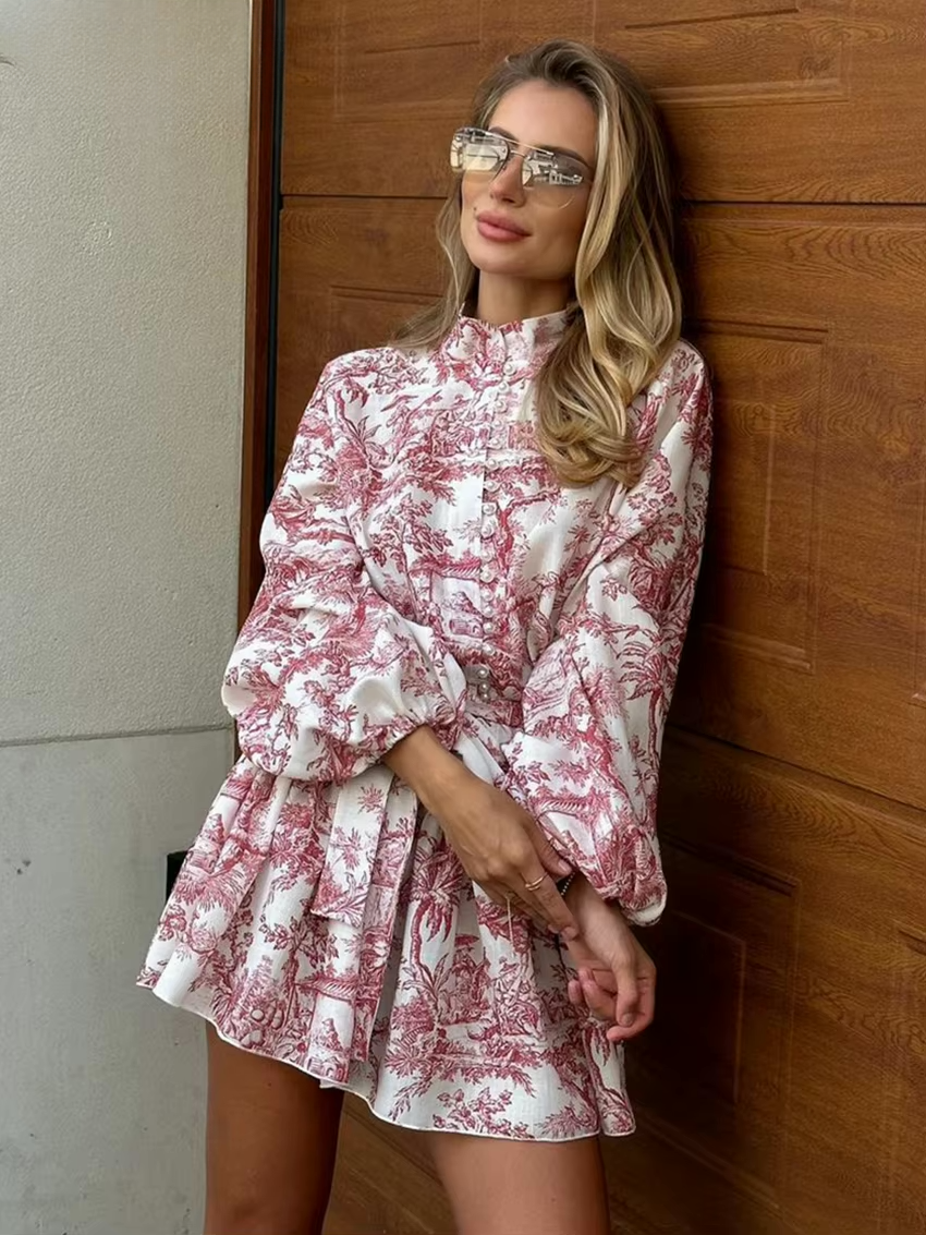 Women's Toile Print A-Line Dress – Belted Balloon Sleeve Mini Dress