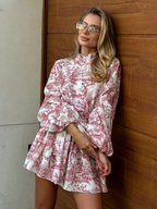 Women's Toile Print A-Line Dress – Belted Balloon Sleeve Mini Dress