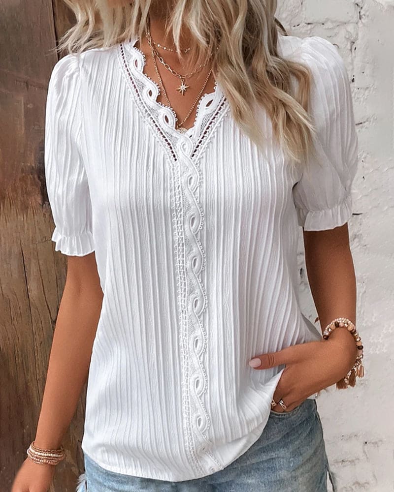 Women's V-Neck Lace Blouse – Dressy Lace Detail Occasion Blouse