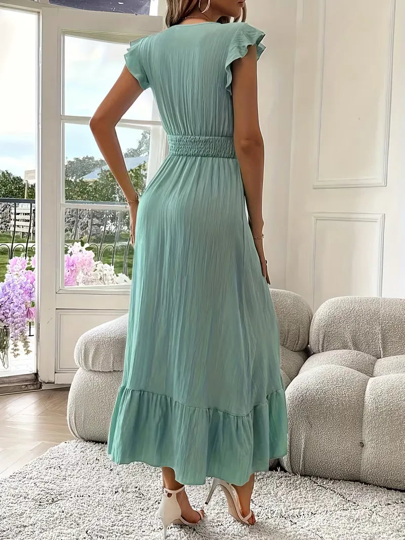 Women's V-Neck Tiered Maxi Dress – Short Sleeve Smocked Waist Evening Dress
