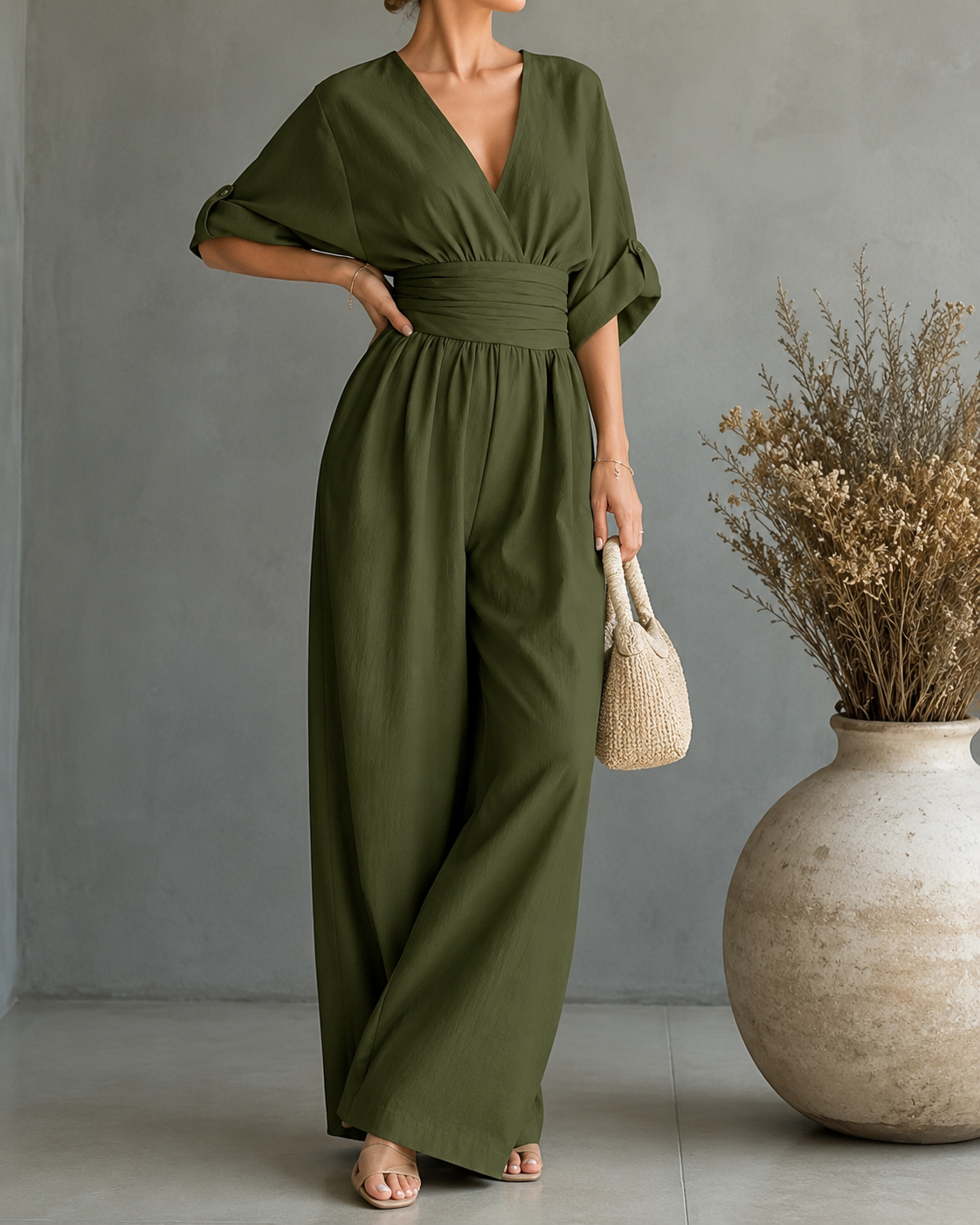 Women's V-Neck Wrap Wide Leg Jumpsuit – Cinched Waist Wedding Guest Jumpsuit