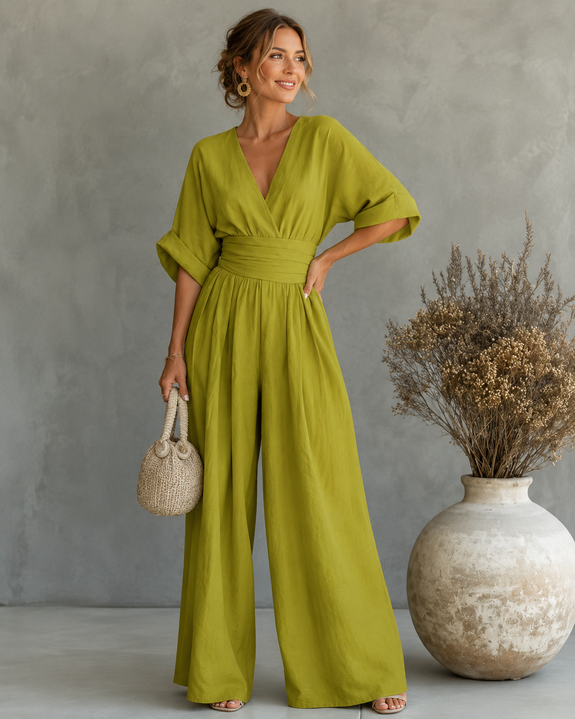 Women's V-Neck Wrap Wide Leg Jumpsuit – Cinched Waist Wedding Guest Jumpsuit