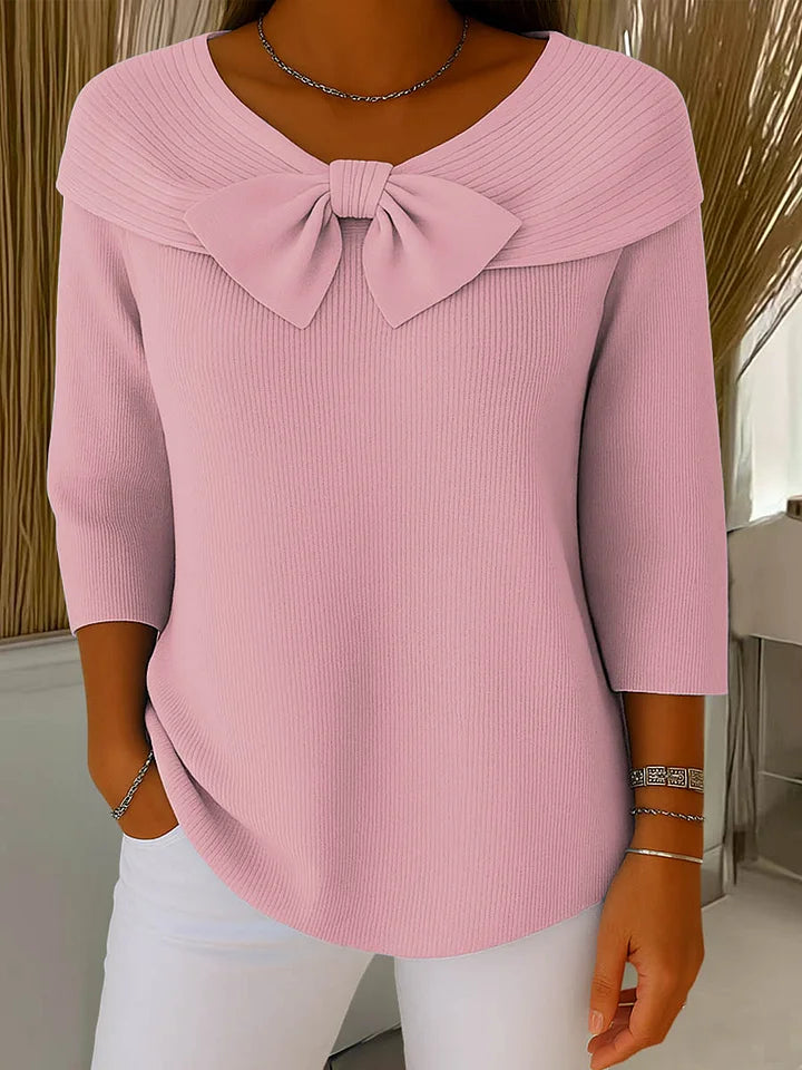 Women's Bow Neck Knit Top – Fitted Long Sleeve Dressy Sweater Top