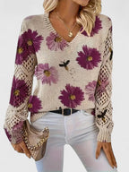 Women's Floral V-Neck Cardigan – Lightweight Flower Knit Cardigan