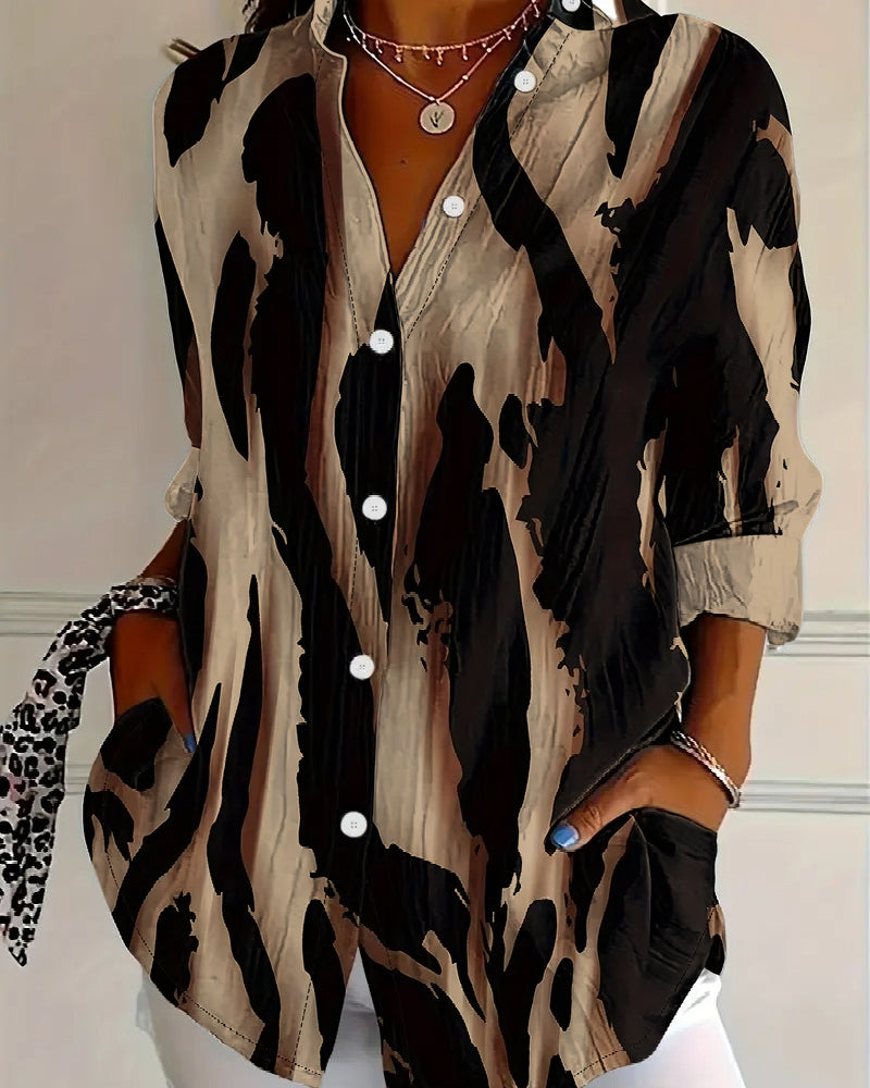 Women's Asymmetrical Print Blouse – Stand Collar Long Sleeve Blouse