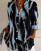 Women's Asymmetrical Print Blouse – Stand Collar Long Sleeve Blouse
