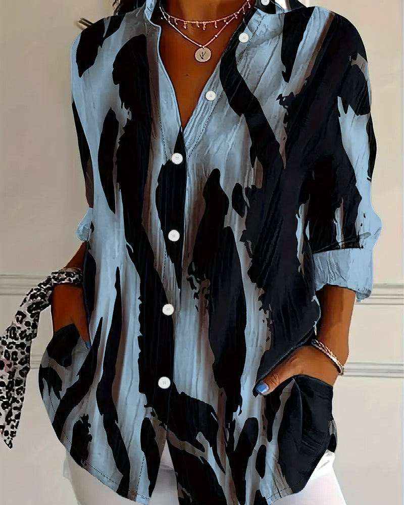 Women's Asymmetrical Print Blouse – Stand Collar Long Sleeve Blouse