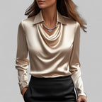 Women's Waterfall Neck Blouse with Draped Fit and Long Sleeves