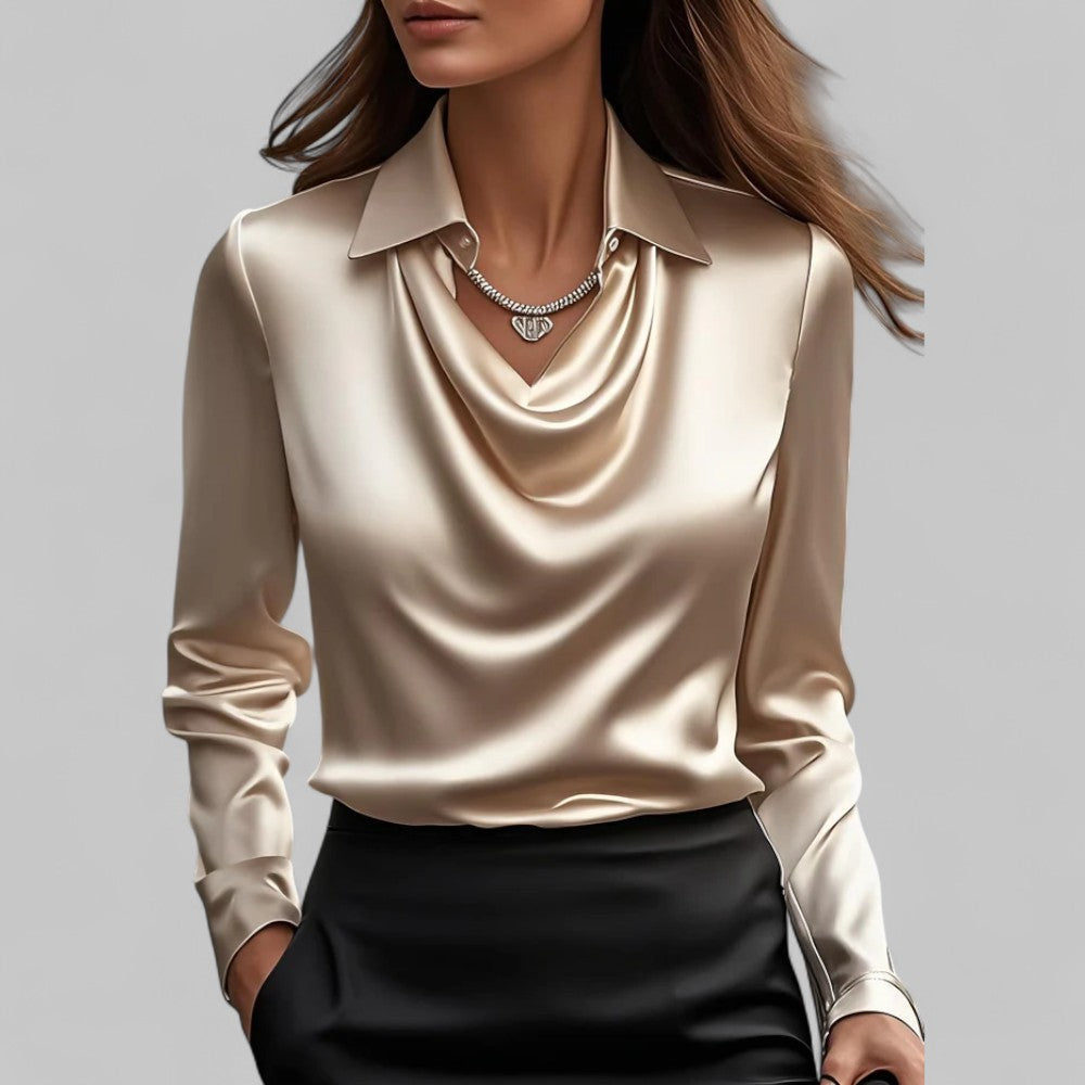 Women's Waterfall Neck Blouse with Draped Fit and Long Sleeves