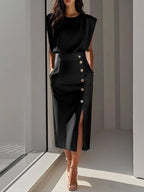 Women's Sleeveless Fitted Midi Dress – Decorative Button Occasion Dress