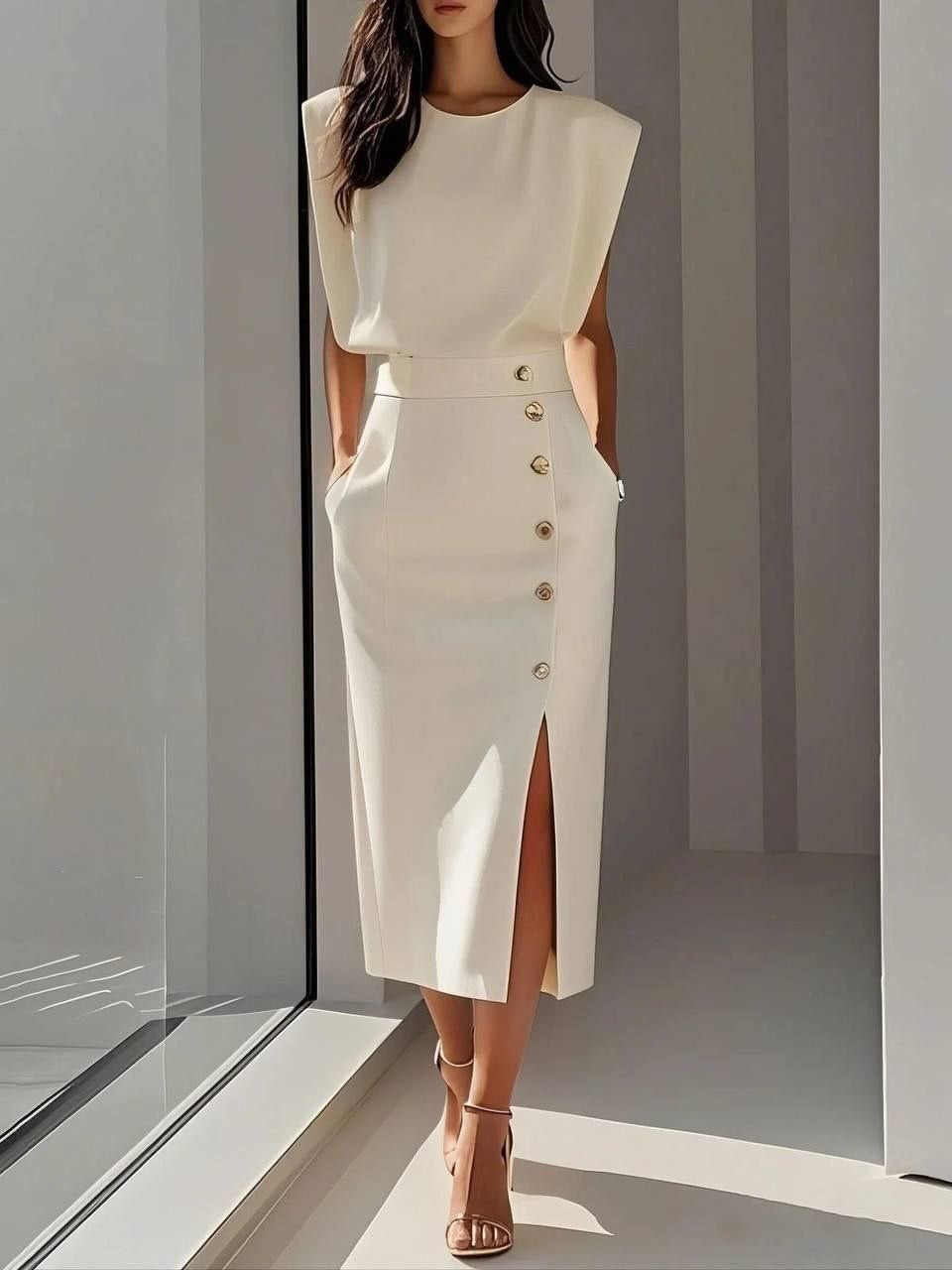 Women's Sleeveless Fitted Midi Dress – Decorative Button Occasion Dress