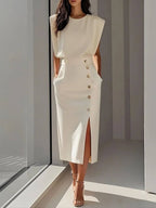 Women's Sleeveless Fitted Midi Dress – Decorative Button Occasion Dress