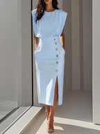 Women's Sleeveless Fitted Midi Dress – Decorative Button Occasion Dress