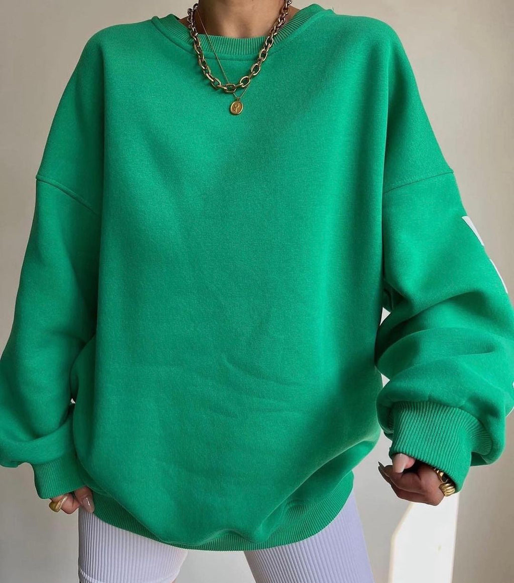 Women's Crew Neck Graphic Sweater – Printed Sleeve Relaxed Fit Pullover