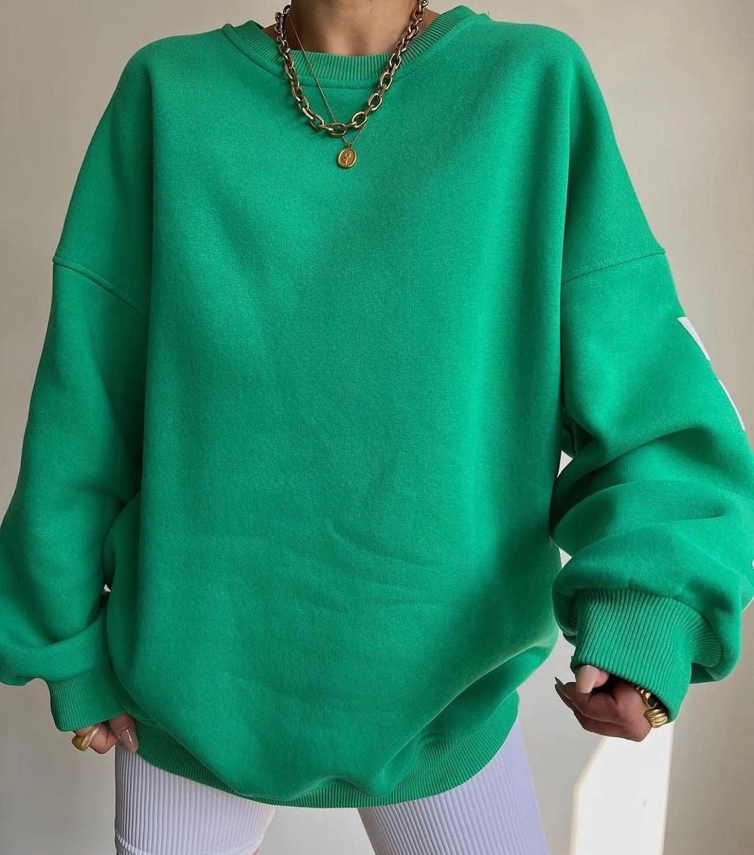 Women's Crew Neck Graphic Sweater – Printed Sleeve Relaxed Fit Pullover