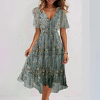Women's Floral Midi Dress – V-Neck Casual Dress – Brittany