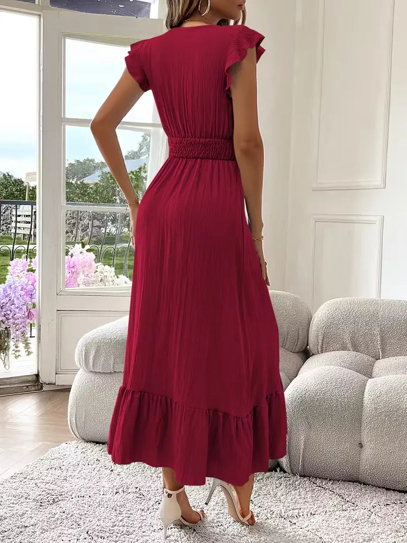 Women's V-Neck Tiered Maxi Dress – Short Sleeve Smocked Waist Evening Dress