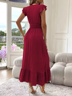 Women's V-Neck Tiered Maxi Dress – Short Sleeve Smocked Waist Evening Dress