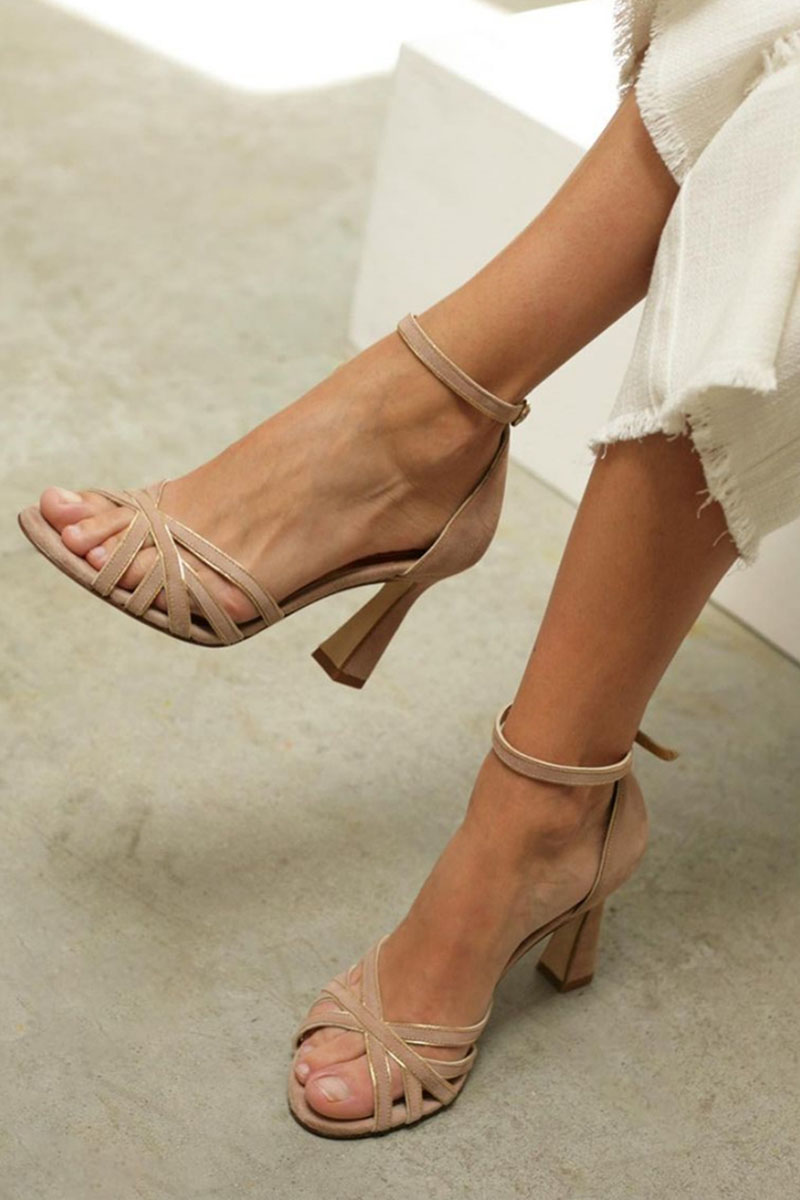 Women's Peep Toe Heels with Patchwork Design and Block Heel