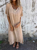 Women's V-Neck Midi Dress – Relaxed Fit Casual Dress – Hannah