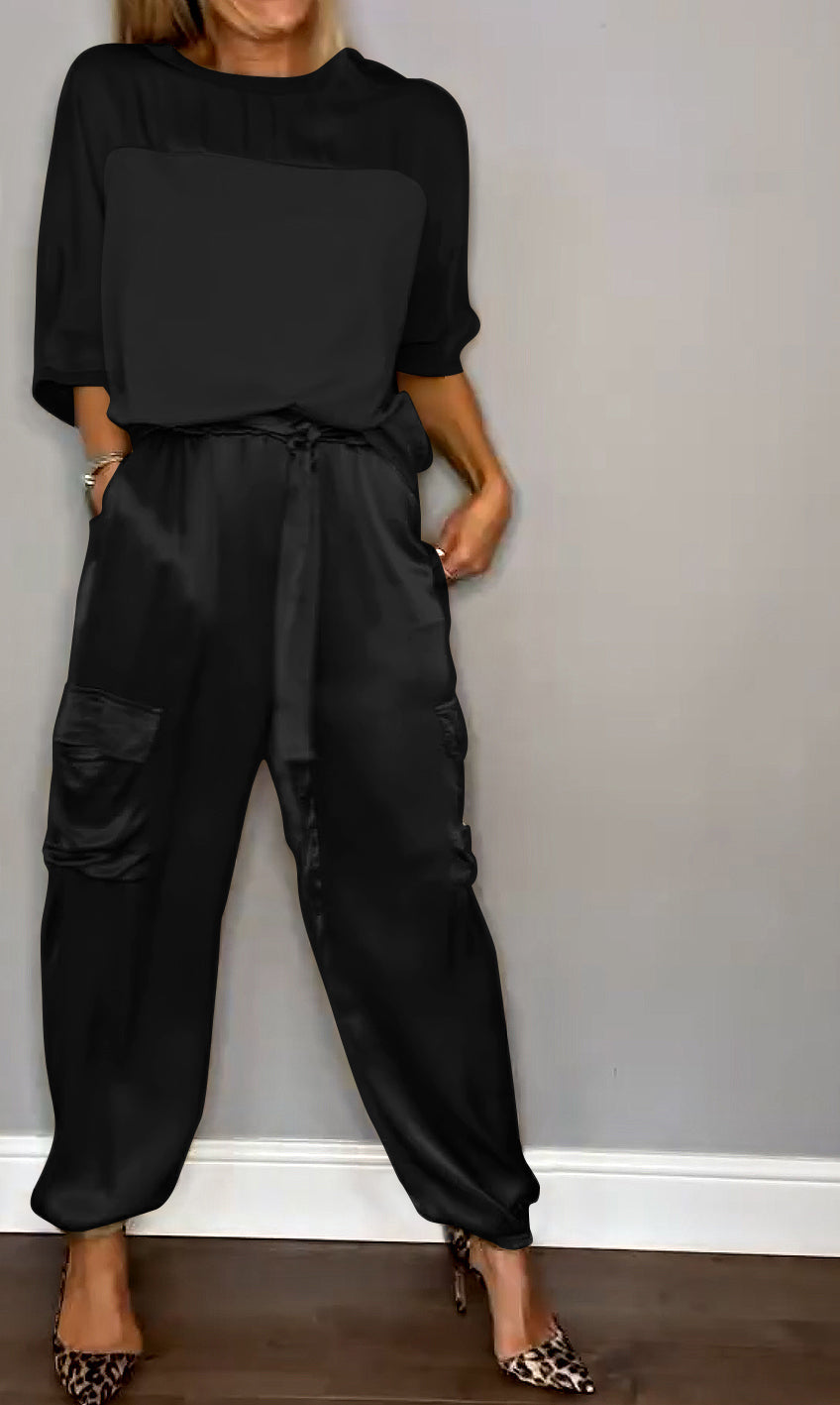 Women's Shiny Cargo Pants Set – Relaxed Top High Waist Pocket Pants Set