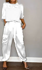Women's Shiny Cargo Pants Set – Relaxed Top High Waist Pocket Pants Set