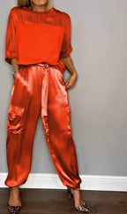 Women's Shiny Cargo Pants Set – Relaxed Top High Waist Pocket Pants Set