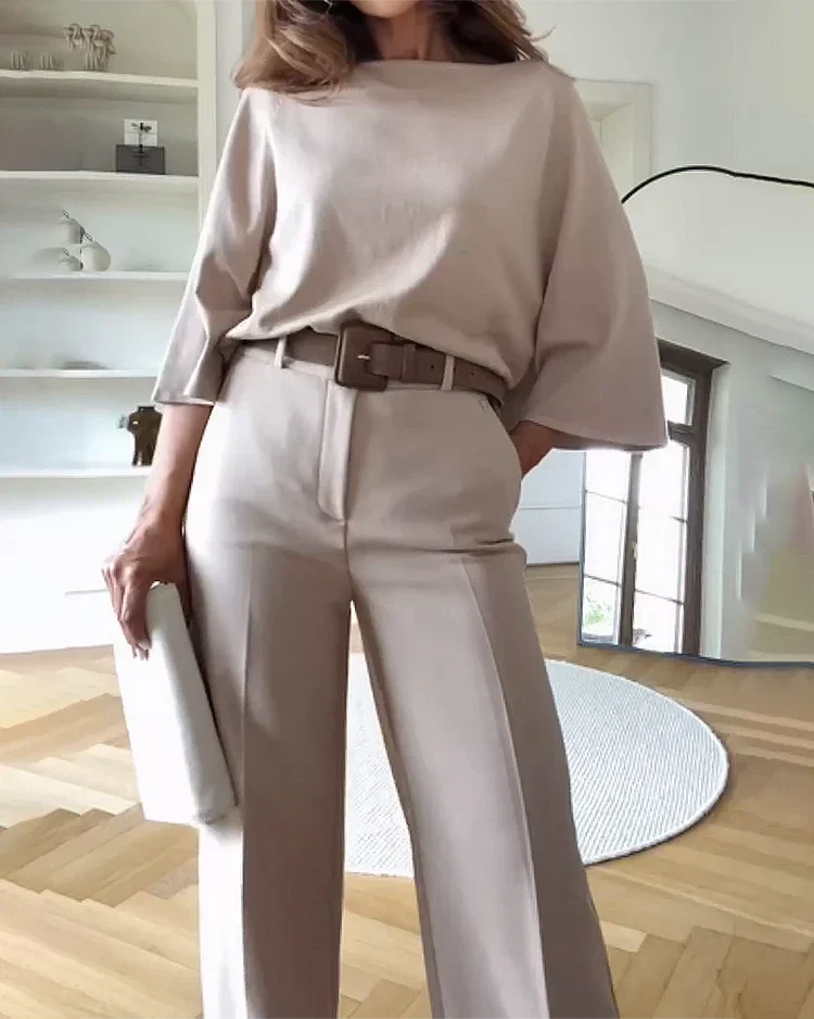 Women's Tailored Wide Leg Pants Set – Relaxed Top & Dressy Trousers
