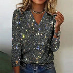 Women's Sequin V-Neck Sweater – Sparkle Detail Long Sleeve Knit Pullover