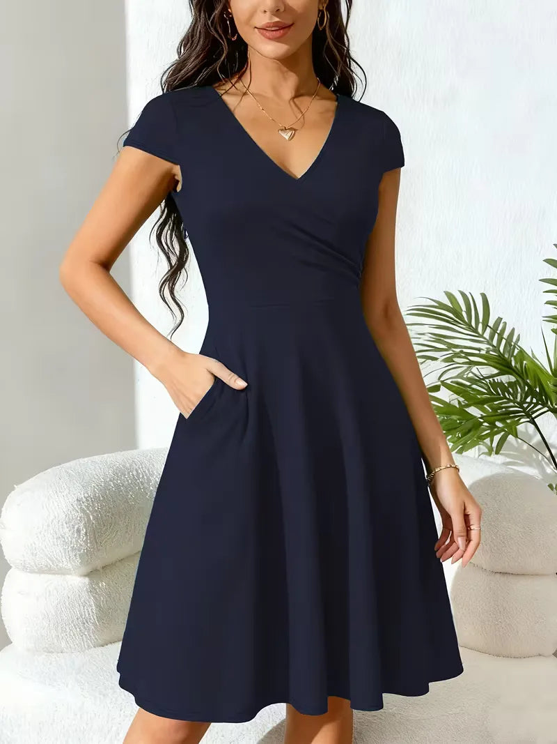 Women's V-Neck A-Line Dress – Short Sleeve Knee Length Pocket Dress