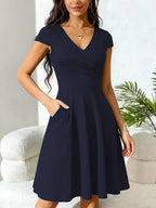 Women's V-Neck A-Line Dress – Short Sleeve Knee Length Pocket Dress