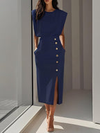 Women's Sleeveless Fitted Midi Dress – Decorative Button Occasion Dress